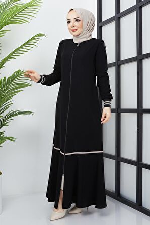 Çizgi Detaylı Siyah Ferace 